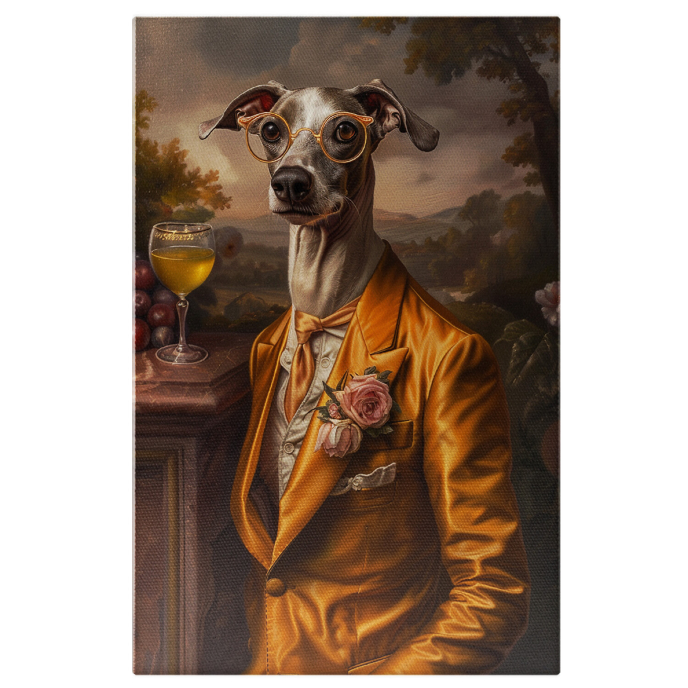 Tablou Canvas Eleganță în Mătase: Câine Înalț Servind un Pahar de Vin Alb, Marime 40x25CM [1]
