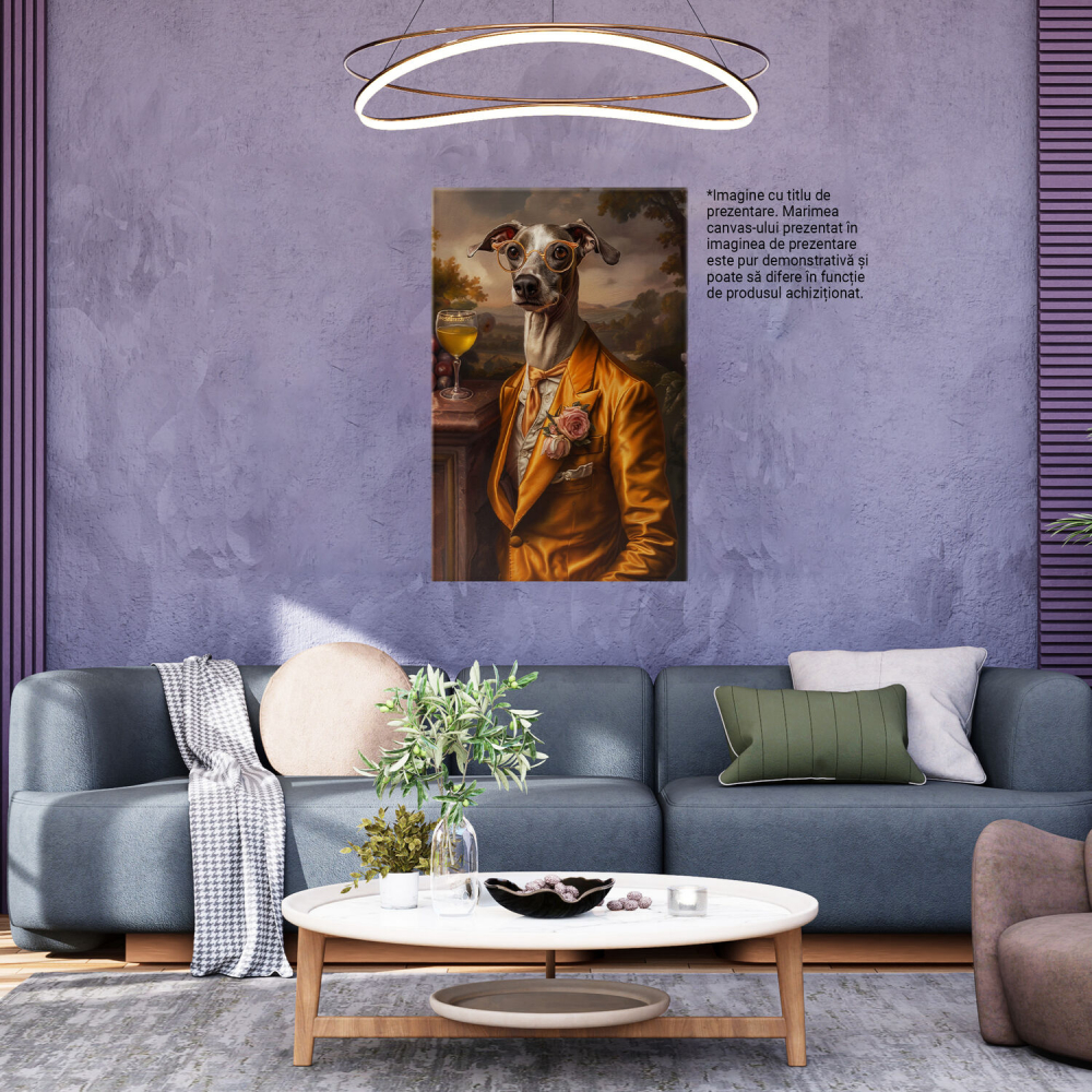 Tablou Canvas Eleganță în Mătase: Câine Înalț Servind un Pahar de Vin Alb, Marime 40x25CM [3]