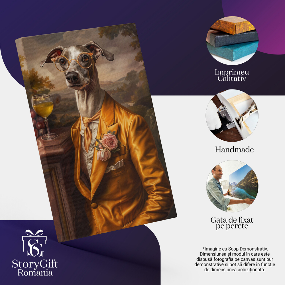Tablou Canvas Eleganță în Mătase: Câine Înalț Servind un Pahar de Vin Alb, Marime 40x25CM [2]