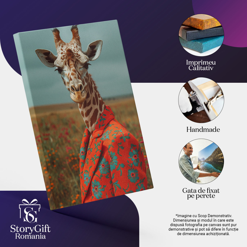 Tablou Canvas Eleganța Înaltă Girafa Cu Blazer Floral În Câmpul De Flori Sălbatice , Pictura Digitala 40x25CM [3]