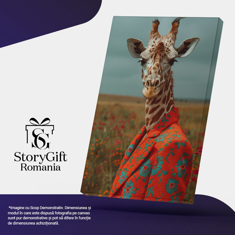 Tablou Canvas Eleganța Înaltă Girafa Cu Blazer Floral În Câmpul De Flori Sălbatice , Pictura Digitala 40x25CM [5]