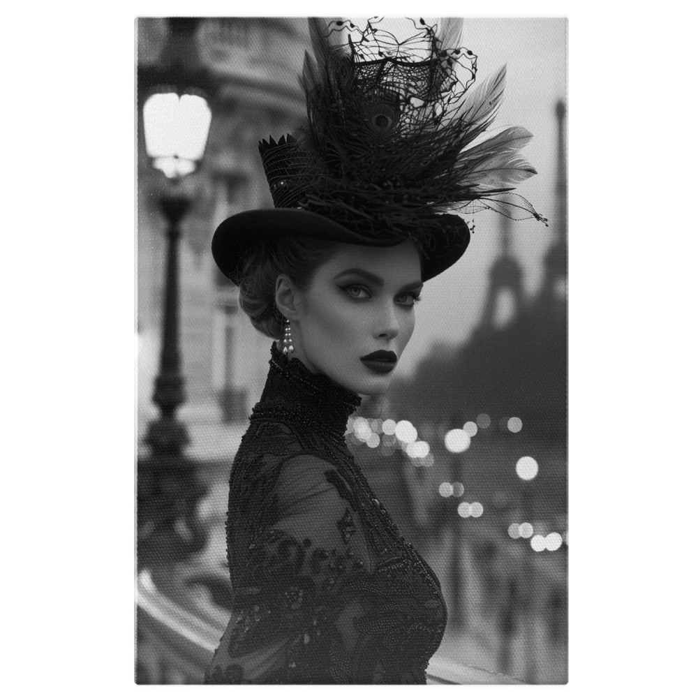 Portret Alb-Negru Eleganța Pariziană cu Rochie din Dantelă și Pălărie, Marime 40x25CM [1]