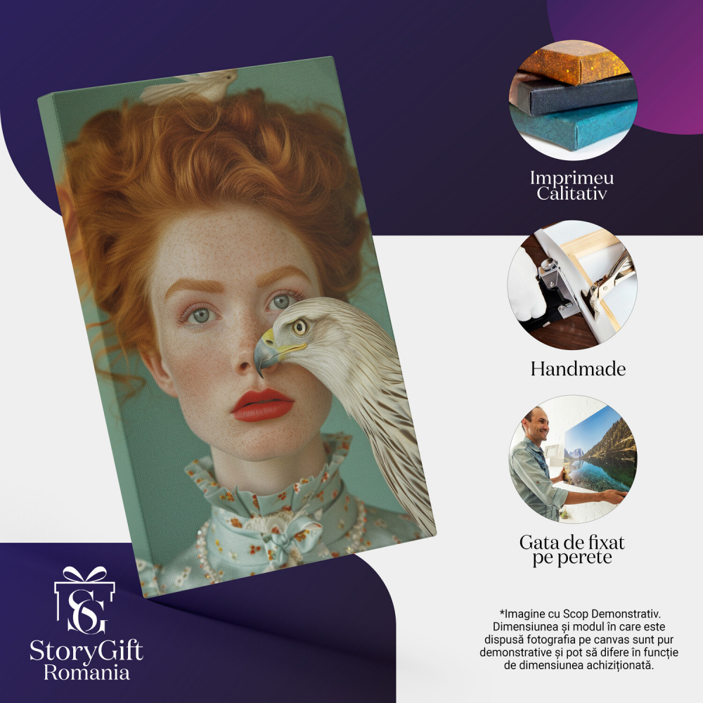 Eleganță și Agilitate - Portret Femeie Roșcată cu Uliu și Ochi Expresivi - Artă Digitală, Marime 40x25CM [2]