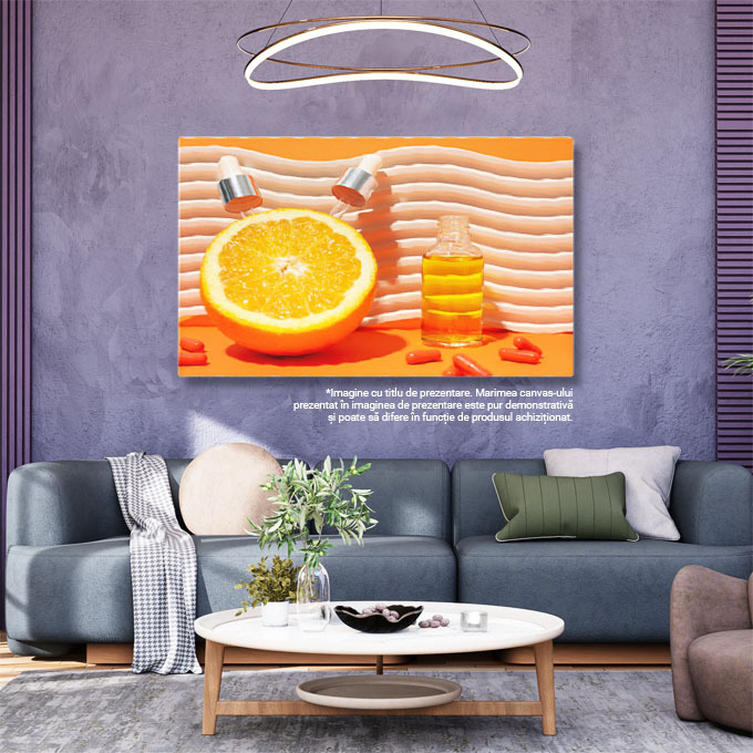 Tablou Canvas Elixir de frumusete Vitamina C intrun ser lichid cu fructe citrice, un tratament luxuriant pentru ingrijirea si luminarea tenului. 40x25CM [3]