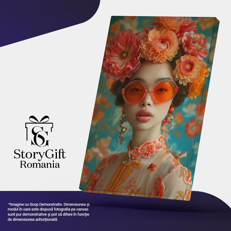 Tablou Canvas:  Enchanting Women cu Ochelari in Rochie Japoneza cu Flori in Par si Cercei Pictura Digitala 40x25CM [5]