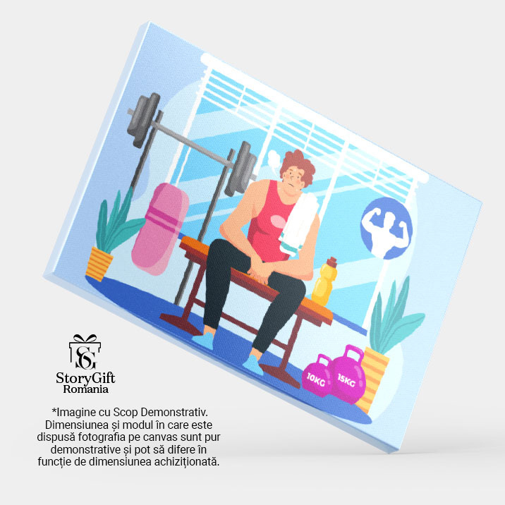 Tablou Canvas Epuizatul Baiat la Sala cu Prosopul pe Umar in Maiou Rosu Asezat langa Sticla de Apa 40x25CM [4]