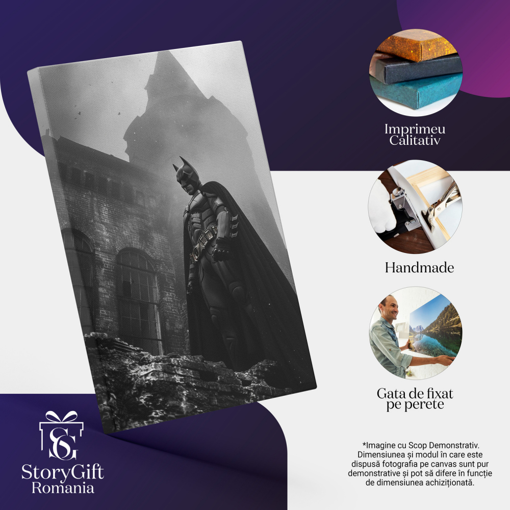 Eroul Batman pe Vârful Cetății, Pregătit să Ajute Oamenii - Pictură Digitală, Marime 40x25CM [2]