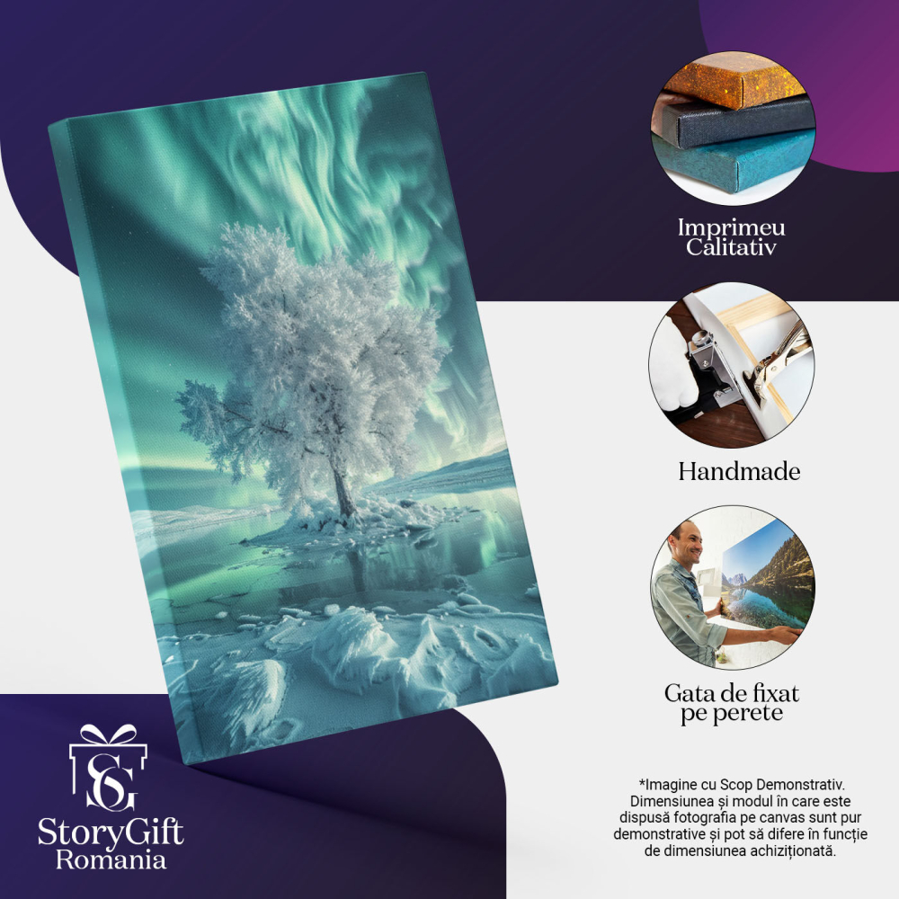 Tablou Canvas: Esența Aurorei Boreale și Copacul Crescut în Mijlocul Ochiului de Gheață Pictura Digitala 40x25CM [3]