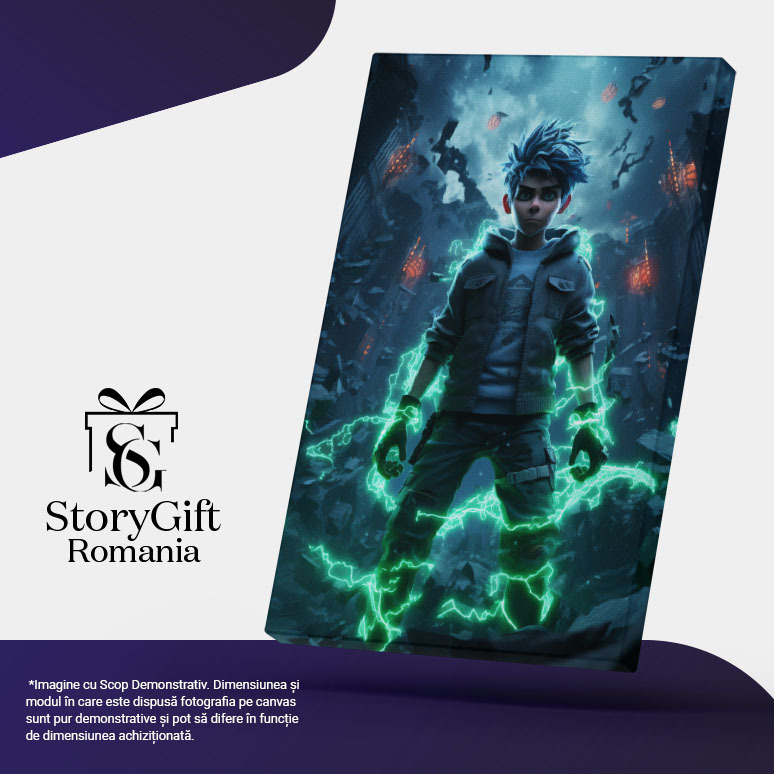 Tablou Canvas:  Fantastic Baiat cu Puteri Speciale in Orasul Distrus - Fotografie SF Pictura Digitala 40x25CM [5]