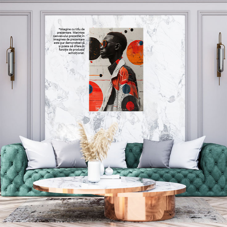 Tablou Canvas  Fascinantul Barbat ngeru cu Ochelari Portocali si Parul Scurt Cret in Jacheta Alba cu Pete de Culoare , Pictura Digitala 40x25CM [2]