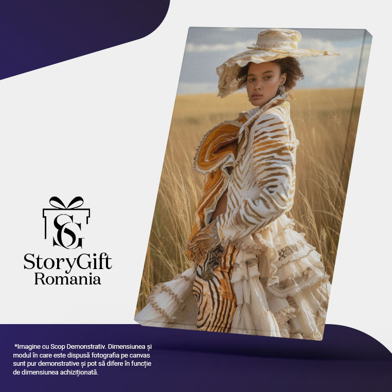 Tablou Canvas:  Fata Africana cu Parul Cret si Palarie in Rochie Voluminoasa cu Nunate de Culori pe un Lan de Grau Pictura Digitala 40x25CM [5]