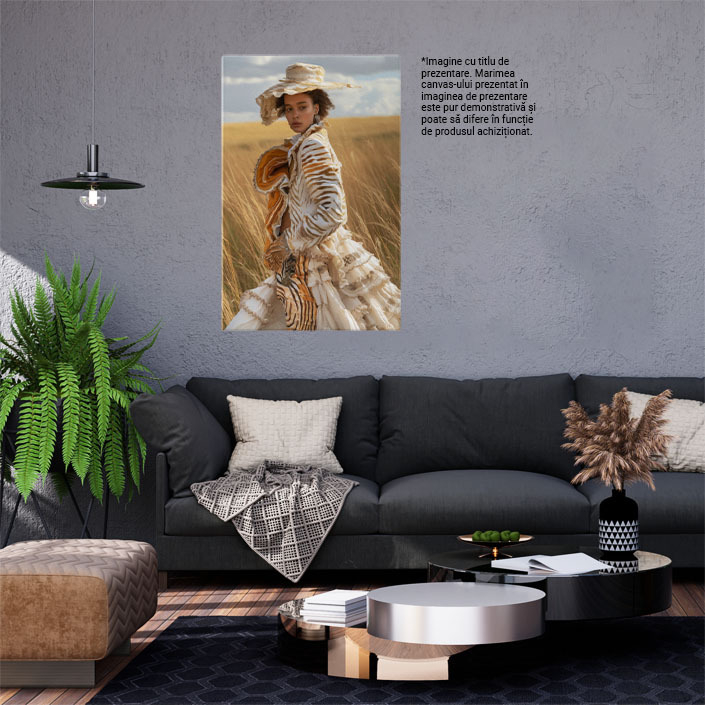 Tablou Canvas:  Fata Africana cu Parul Cret si Palarie in Rochie Voluminoasa cu Nunate de Culori pe un Lan de Grau Pictura Digitala 40x25CM [2]