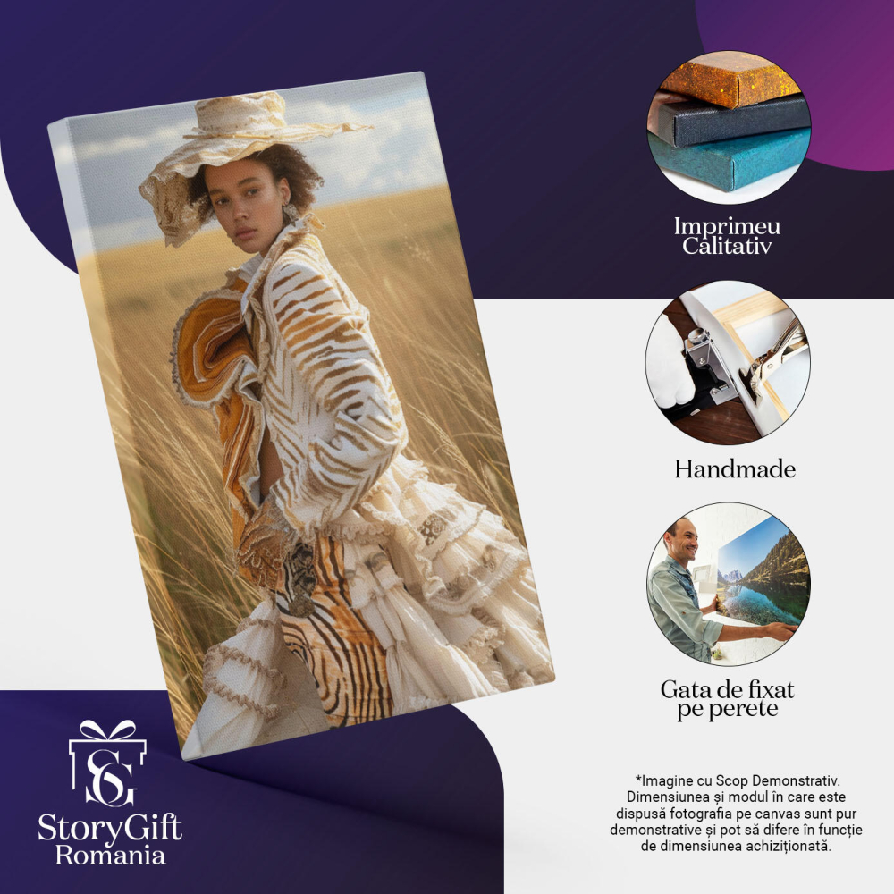 Tablou Canvas:  Fata Africana cu Parul Cret si Palarie in Rochie Voluminoasa cu Nunate de Culori pe un Lan de Grau Pictura Digitala 40x25CM [3]