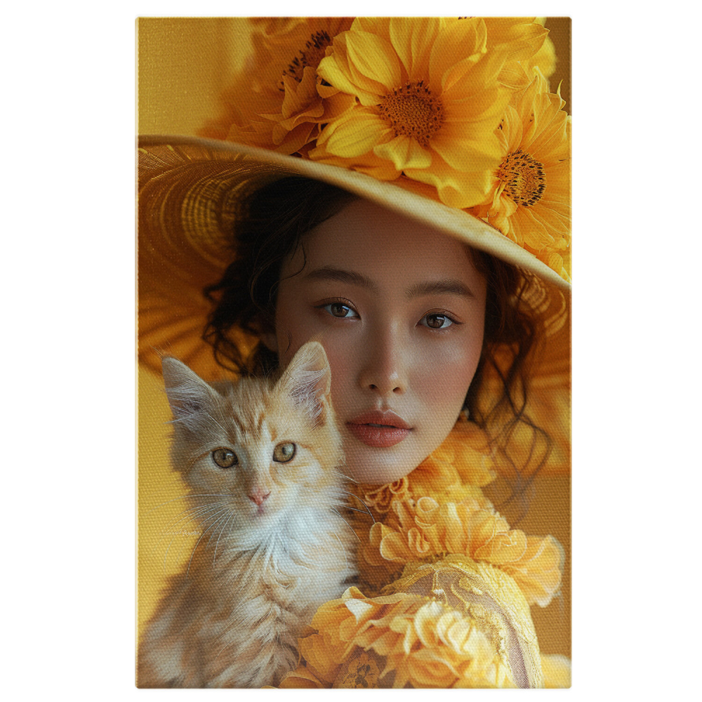 Tablou Canvas Fată Asiatică cu Pisicuță Alb-Bej în Brațe, Marime 40x25CM [1]