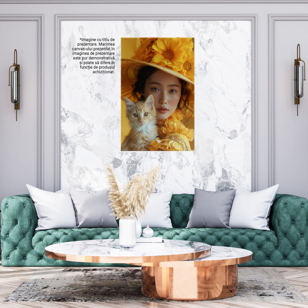Tablou Canvas Fată Asiatică cu Pisicuță Alb-Bej în Brațe, Marime 40x25CM [3]