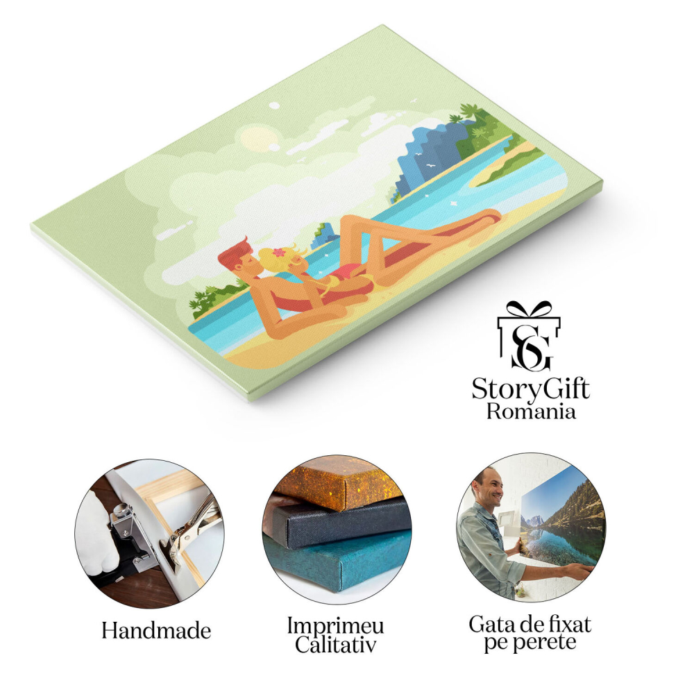 Tablou Canvas Fata Blonda si un Baiat care se Bronzeaza pe Nisipul Curat de langa Marea Albastra Senina 40x25CM [2]