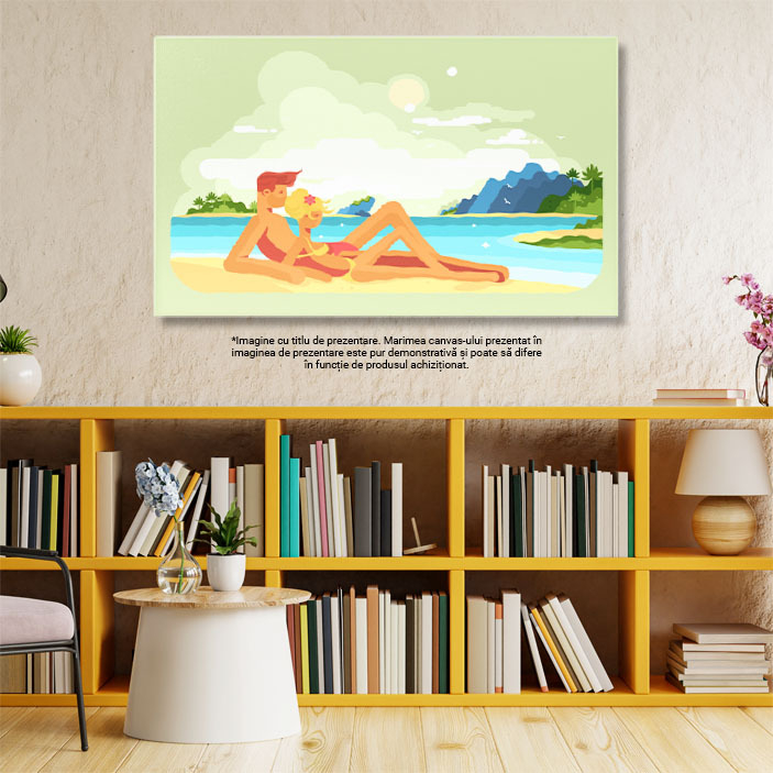 Tablou Canvas Fata Blonda si un Baiat care se Bronzeaza pe Nisipul Curat de langa Marea Albastra Senina 40x25CM [3]