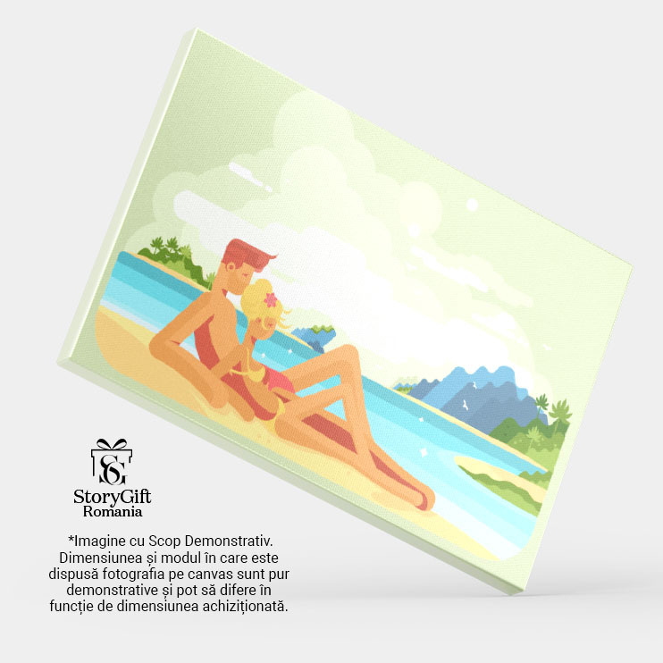 Tablou Canvas Fata Blonda si un Baiat care se Bronzeaza pe Nisipul Curat de langa Marea Albastra Senina 40x25CM [4]