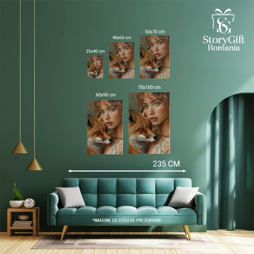 Tablou Canvas  Fata cu Ochii Albastri si Par Roscat cu Pistrui si Pietricica pe Nas tine in Brate o Vulpe cu Pietricele , Pictura Digitala 40x25CM [4]