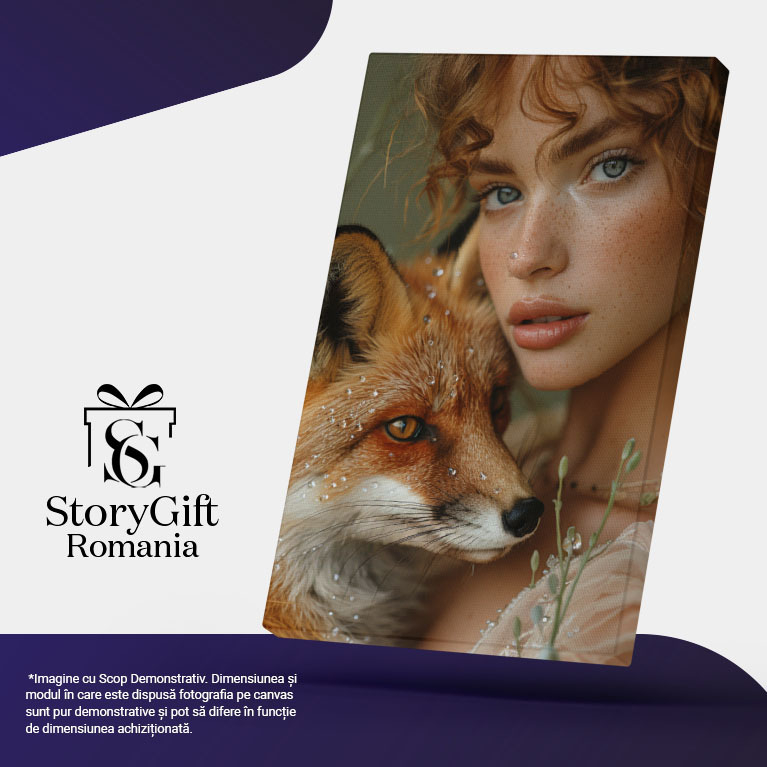 Tablou Canvas  Fata cu Ochii Albastri si Par Roscat cu Pistrui si Pietricica pe Nas tine in Brate o Vulpe cu Pietricele , Pictura Digitala 40x25CM [5]