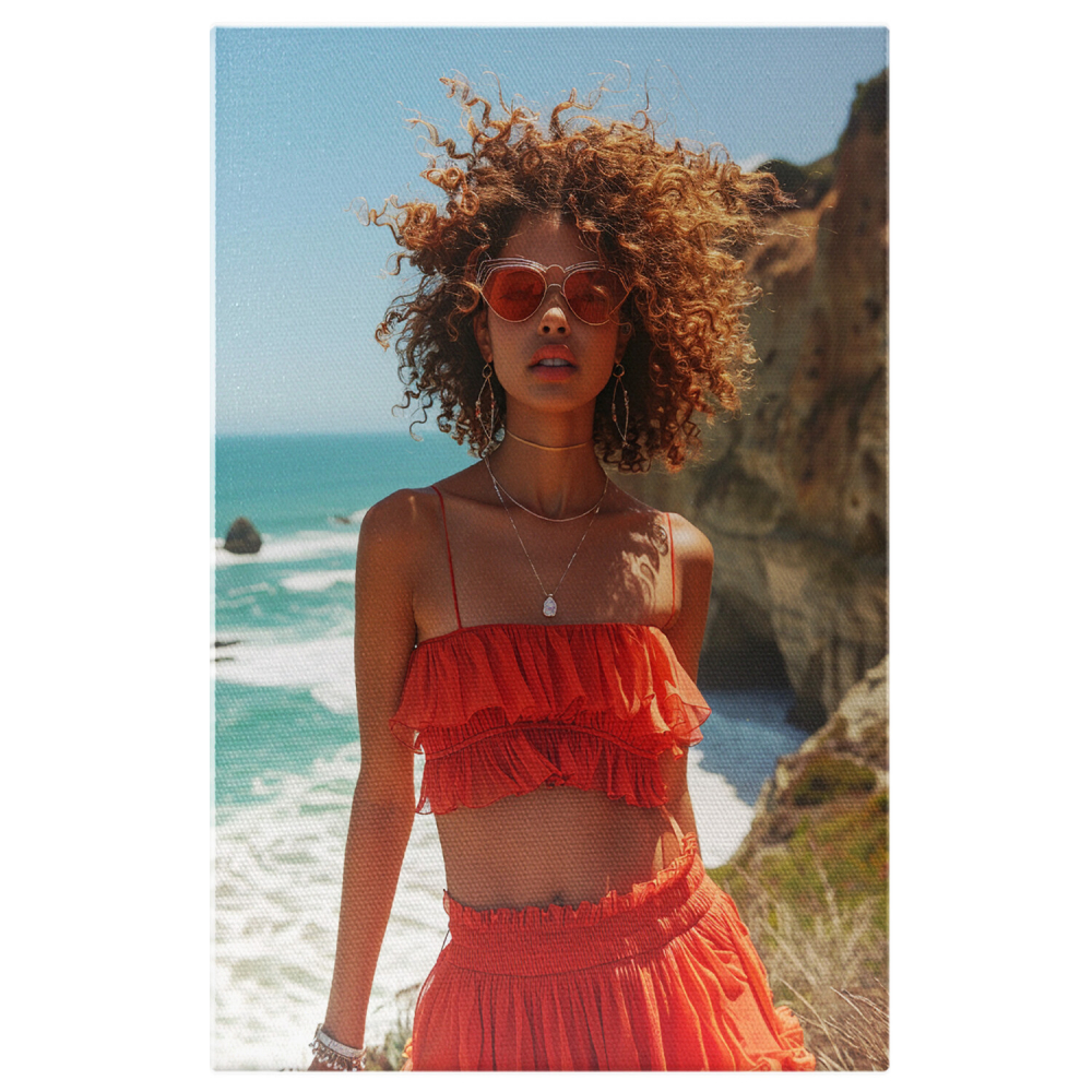 Fată cu Păr Creț în Ținută de Vară Portocalie - Pictură Digitală, Marime 40x25CM [1]