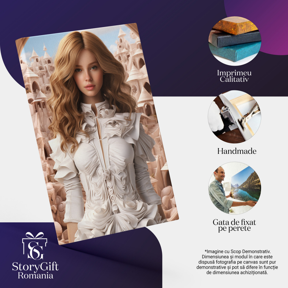 Tablou Canvas - Fata Gingasa în Rochie Albă cu Ochii Verzi într-un Oraș Istoric, Marime 40x25CM [2]