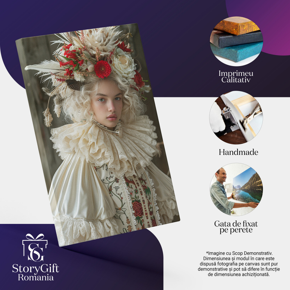 Fata în Costum Alb cu Motive Florale și Flori în Păr - Pictură Digitală, Marime 40x25CM [2]