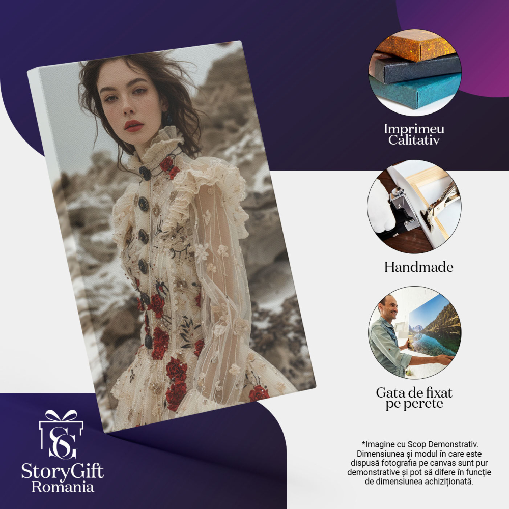 Tablou Canvas  Fata in Rochie Alba cu Maneci Transparente si Nasturi cu Model de Trandafiri si Pistrui  , Pictura Digitala 40x25CM [3]