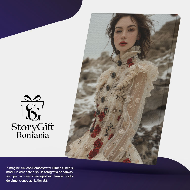 Tablou Canvas  Fata in Rochie Alba cu Maneci Transparente si Nasturi cu Model de Trandafiri si Pistrui  , Pictura Digitala 40x25CM [5]