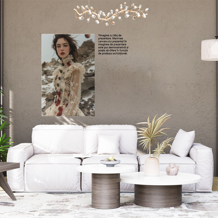 Tablou Canvas  Fata in Rochie Alba cu Maneci Transparente si Nasturi cu Model de Trandafiri si Pistrui  , Pictura Digitala 40x25CM [2]