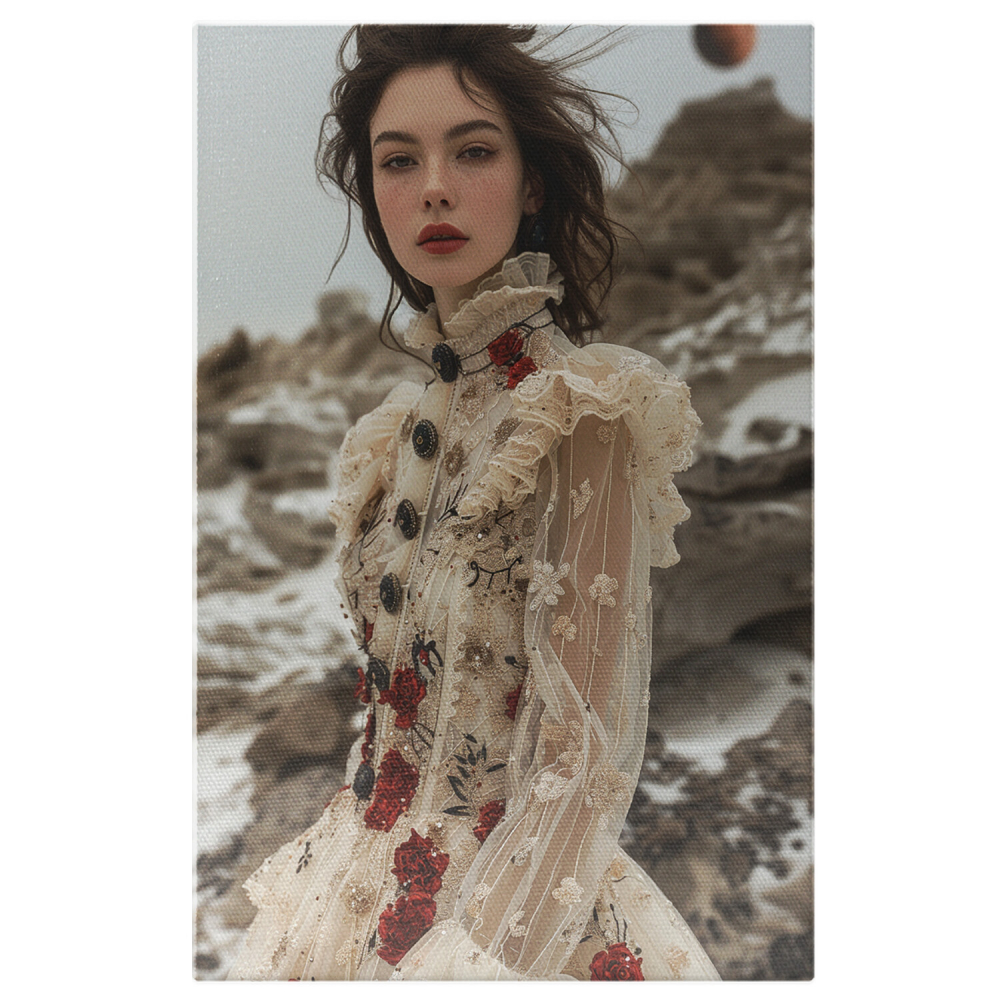 Fata în Rochie Albă cu Mâneci Transparente și Nasturi cu Model de Trandafiri - Pictură Digitală, Marime 40x25CM [1]