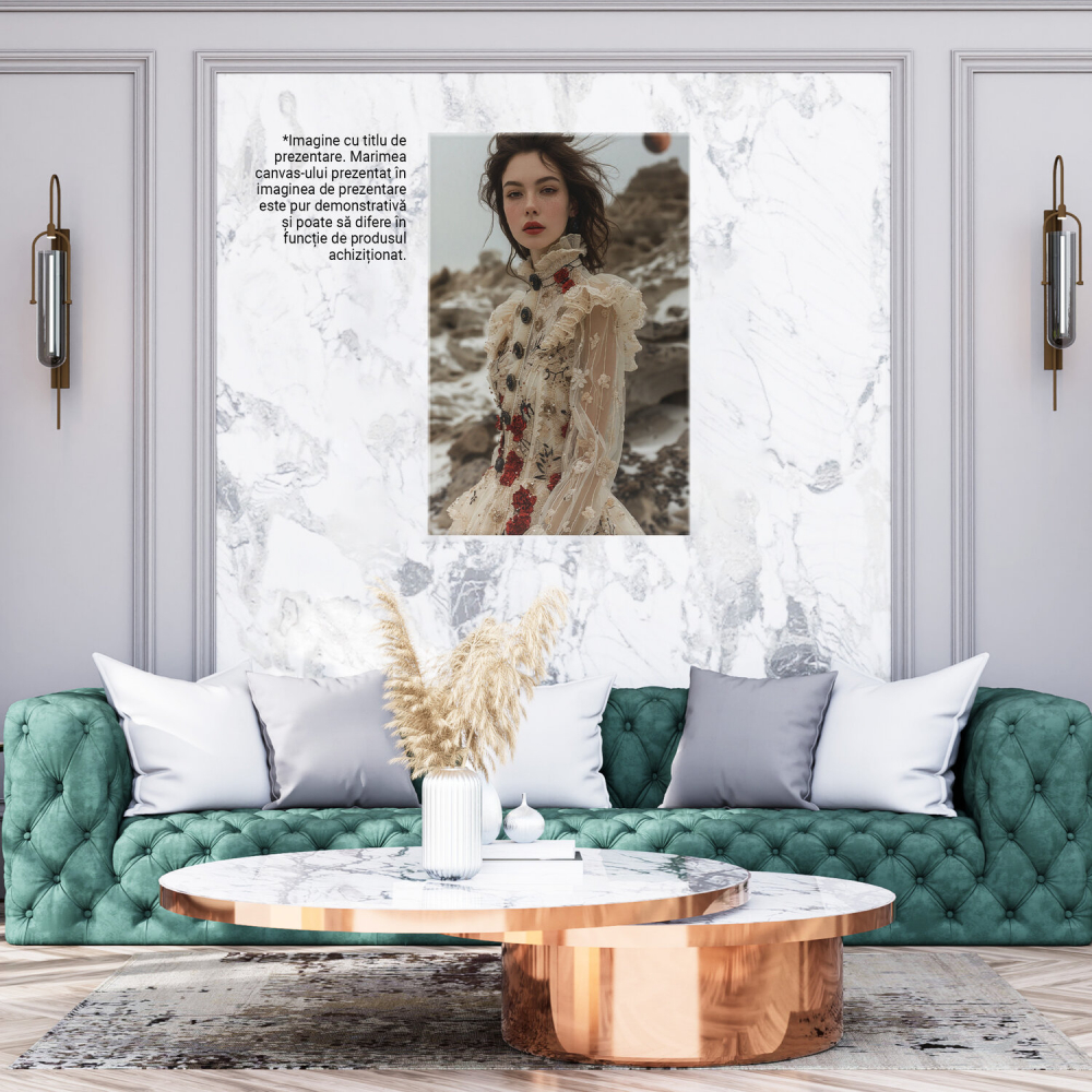 Fata în Rochie Albă cu Mâneci Transparente și Nasturi cu Model de Trandafiri - Pictură Digitală, Marime 40x25CM [2]