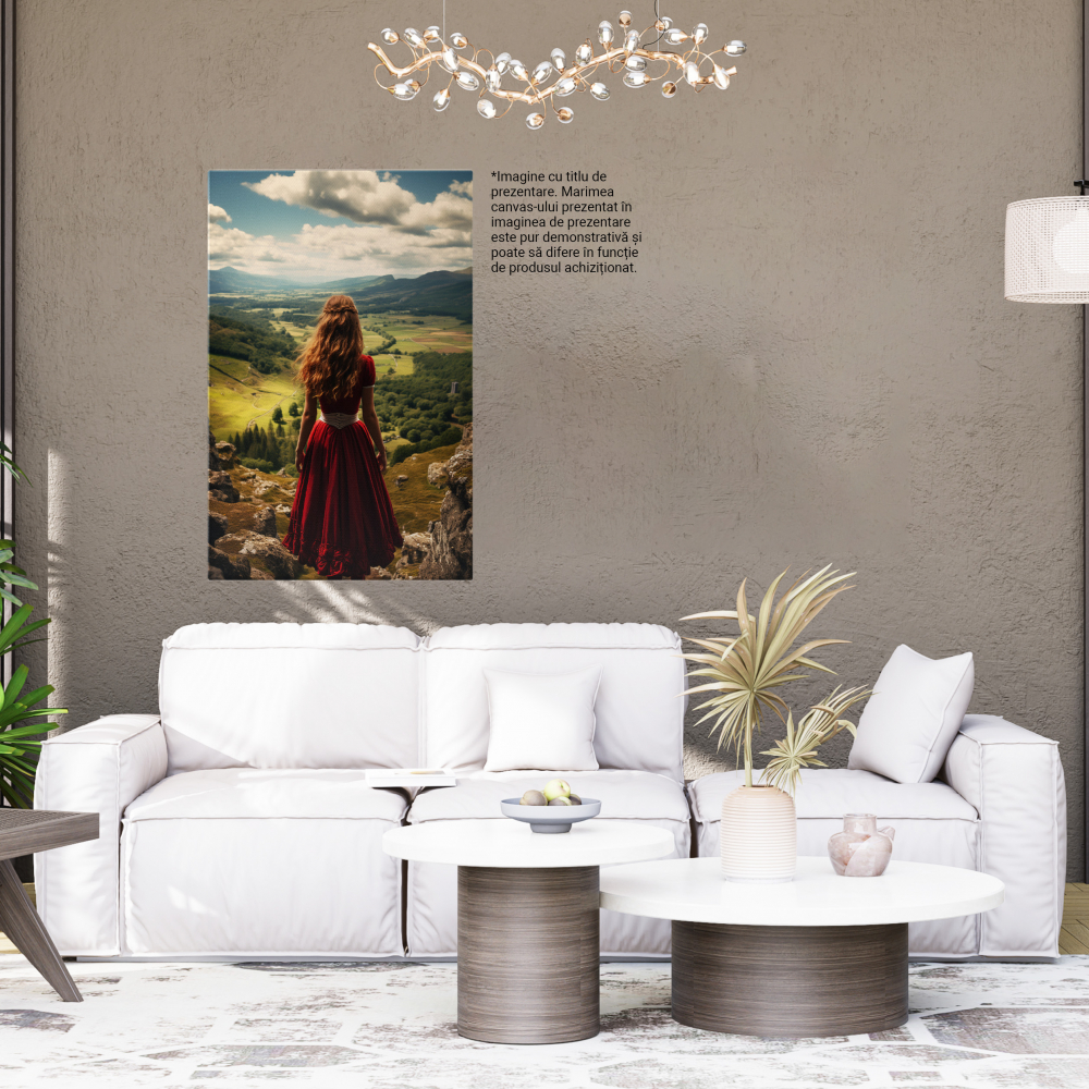 Tablou Canvas:  Fata in Rochie Rosie cu Parul Lung Roscat care Priveste catre Padurea Plina de Copaci si Brazi  Pictura Digitala 40x25CM [3]