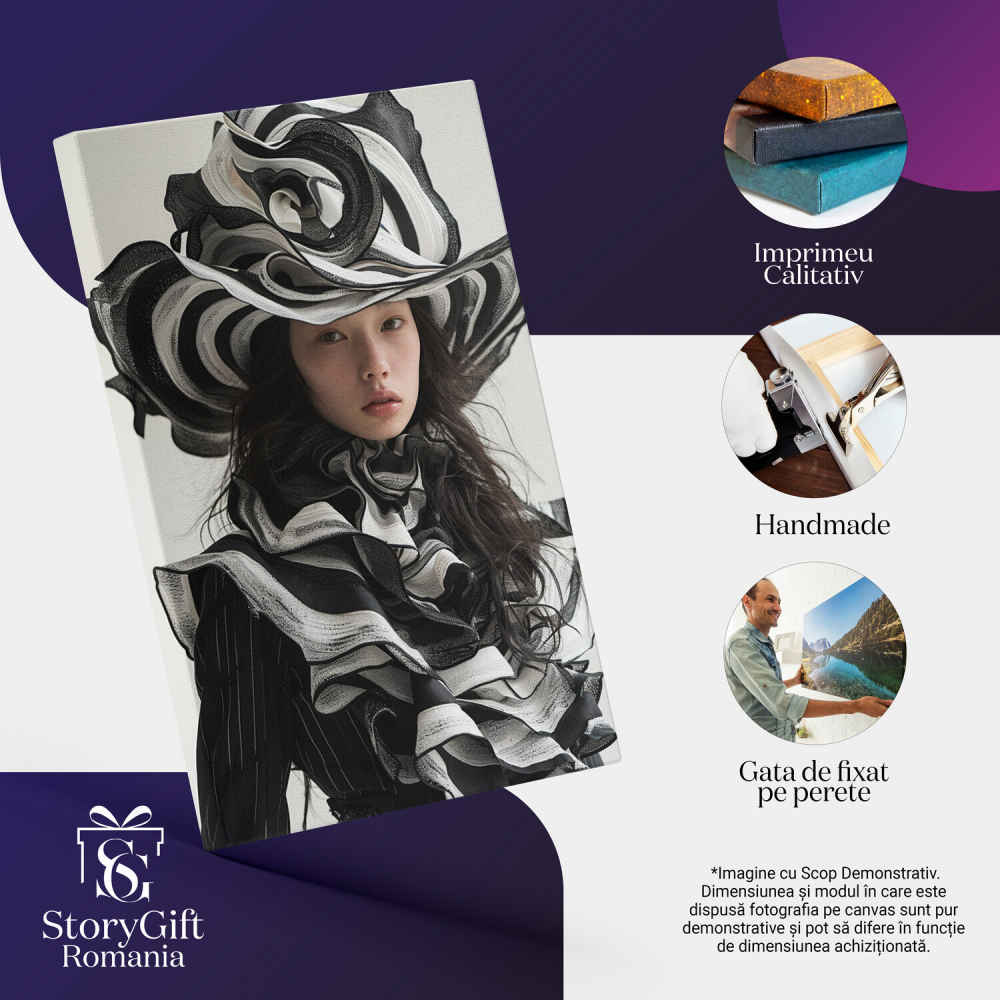 Fată în Ținută Alb-Negru cu Pălărie Mare, Marime 40x25CM [2]