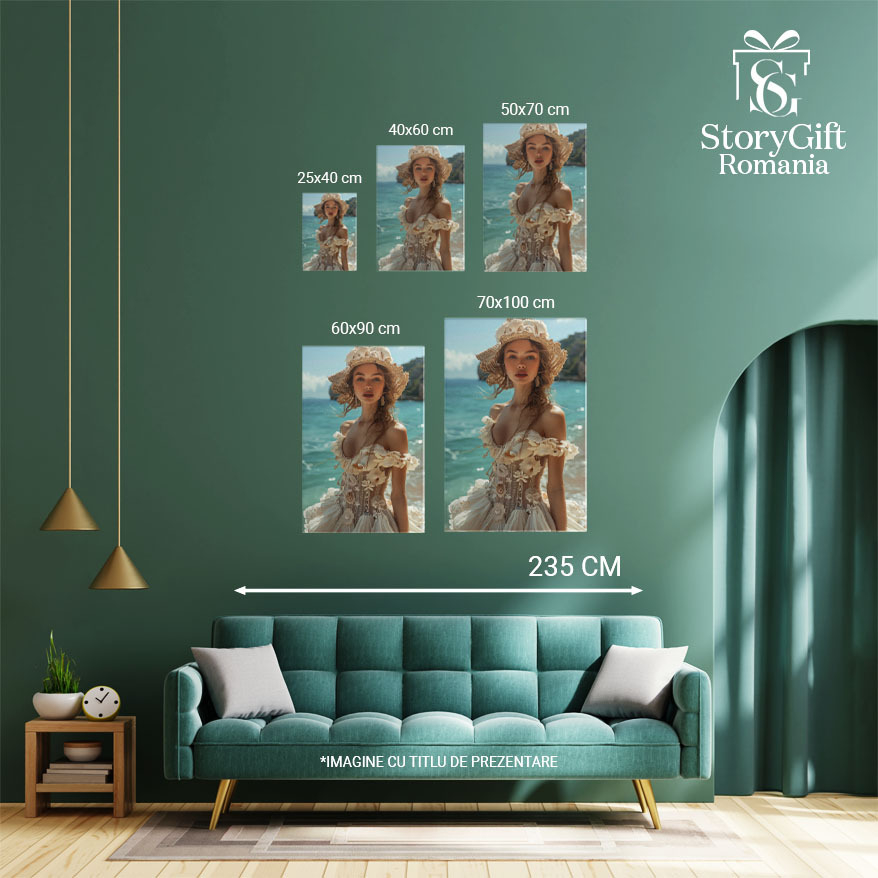 Tablou Canvas Femeia de pe Plaja Însorită Îmbrăcată în Rochie din Dantelă cu Decolteu Inimă , Pictura Digitala 40x25CM [4]