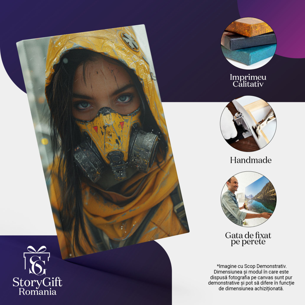 Tablou Canvas: Femeia în Costum Chimic Galben cu Mască de Gaze Bruneta cu Ochi Albaștri Pictura Digitala 40x25CM [3]