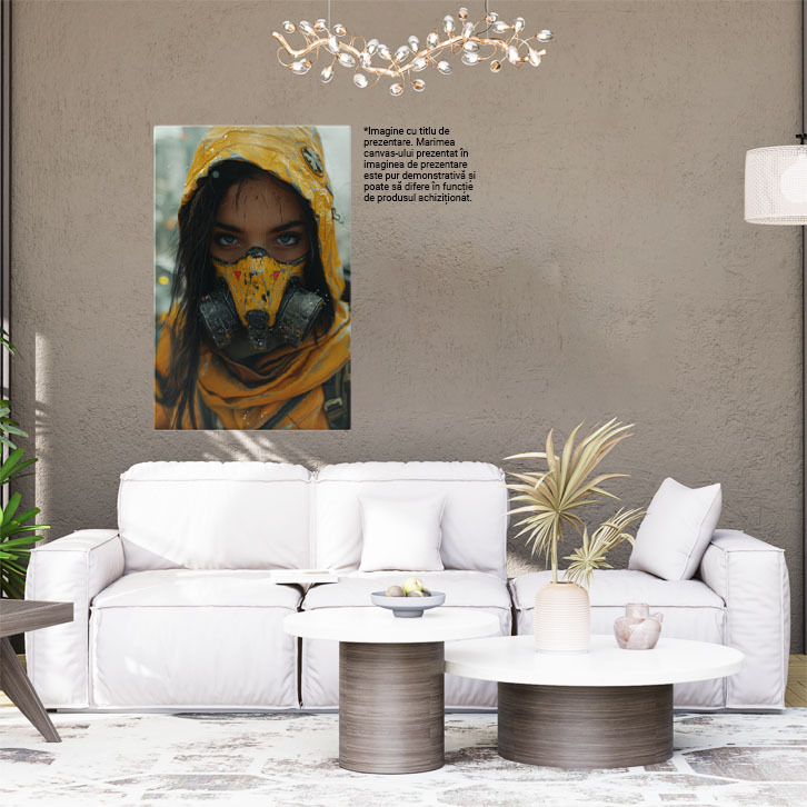 Tablou Canvas: Femeia în Costum Chimic Galben cu Mască de Gaze Bruneta cu Ochi Albaștri Pictura Digitala 40x25CM [2]