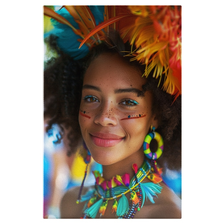 Tablou Canvas:  Femeie Africana cu Parul Cret si Desen pe Fata cu Cercei si Pene Colorate in Par  Pictura Digitala 40x25CM [1]
