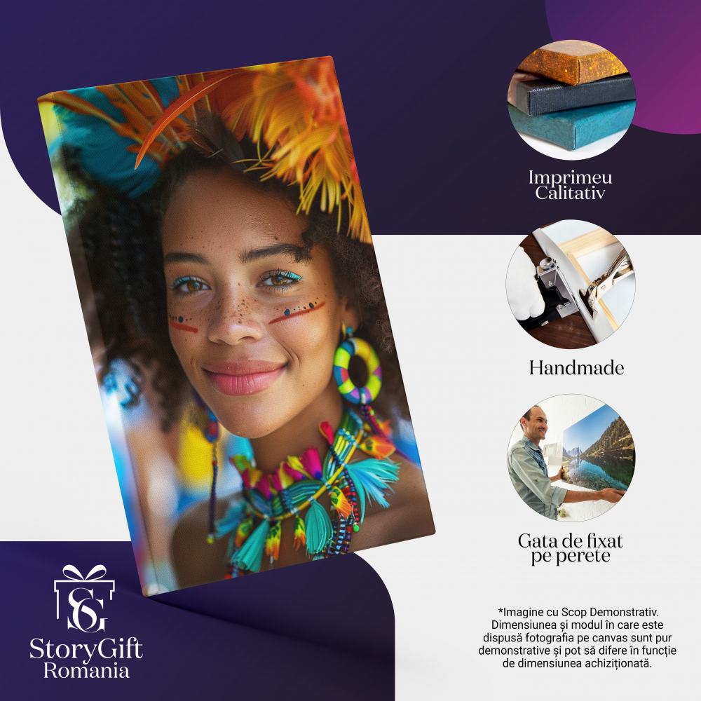 Tablou Canvas:  Femeie Africana cu Parul Cret si Desen pe Fata cu Cercei si Pene Colorate in Par  Pictura Digitala 40x25CM [2]