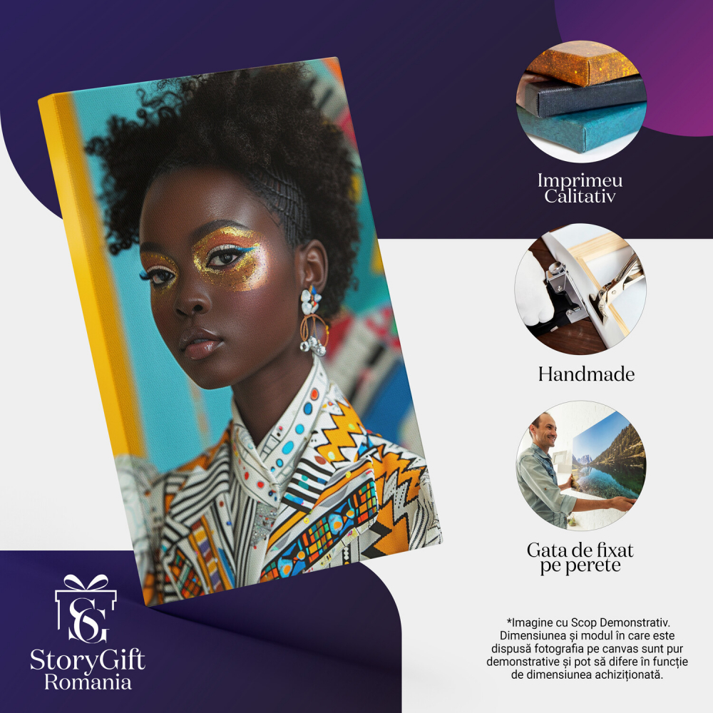 Femeie Africană cu Pictură pe Față - Sclipici Galben și Cercei Strălucitori, Marime 40x25CM [2]