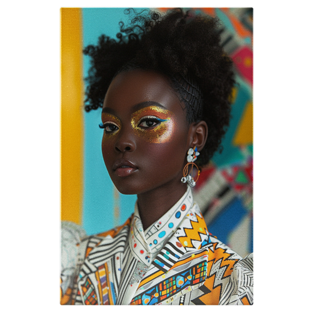 Femeie Africană cu Pictură pe Față - Sclipici Galben și Cercei Strălucitori, Marime 40x25CM [1]