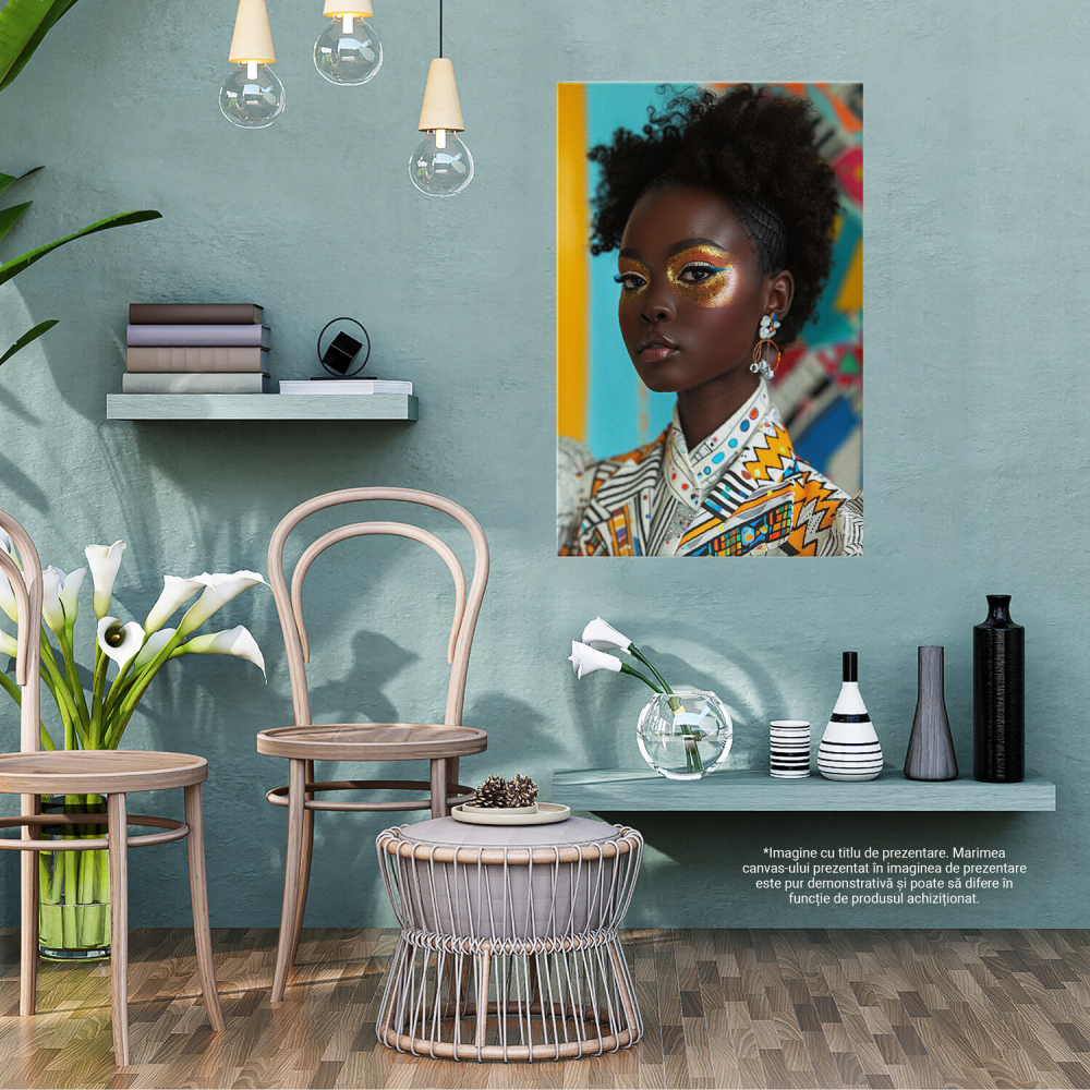 Femeie Africană cu Pictură pe Față - Sclipici Galben și Cercei Strălucitori, Marime 40x25CM [3]