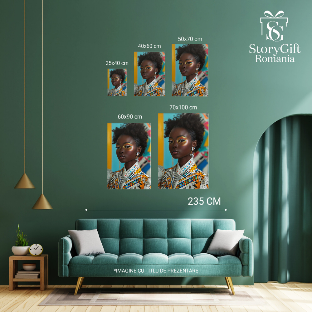 Femeie Africană cu Pictură pe Față - Sclipici Galben și Cercei Strălucitori, Marime 40x25CM [4]