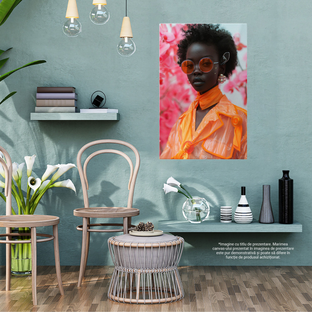 Femeie Africană în Costum Portocaliu, Păr Cret Brunet și Cercei cu Eșarfă la Gât, Marime 40x25CM [3]