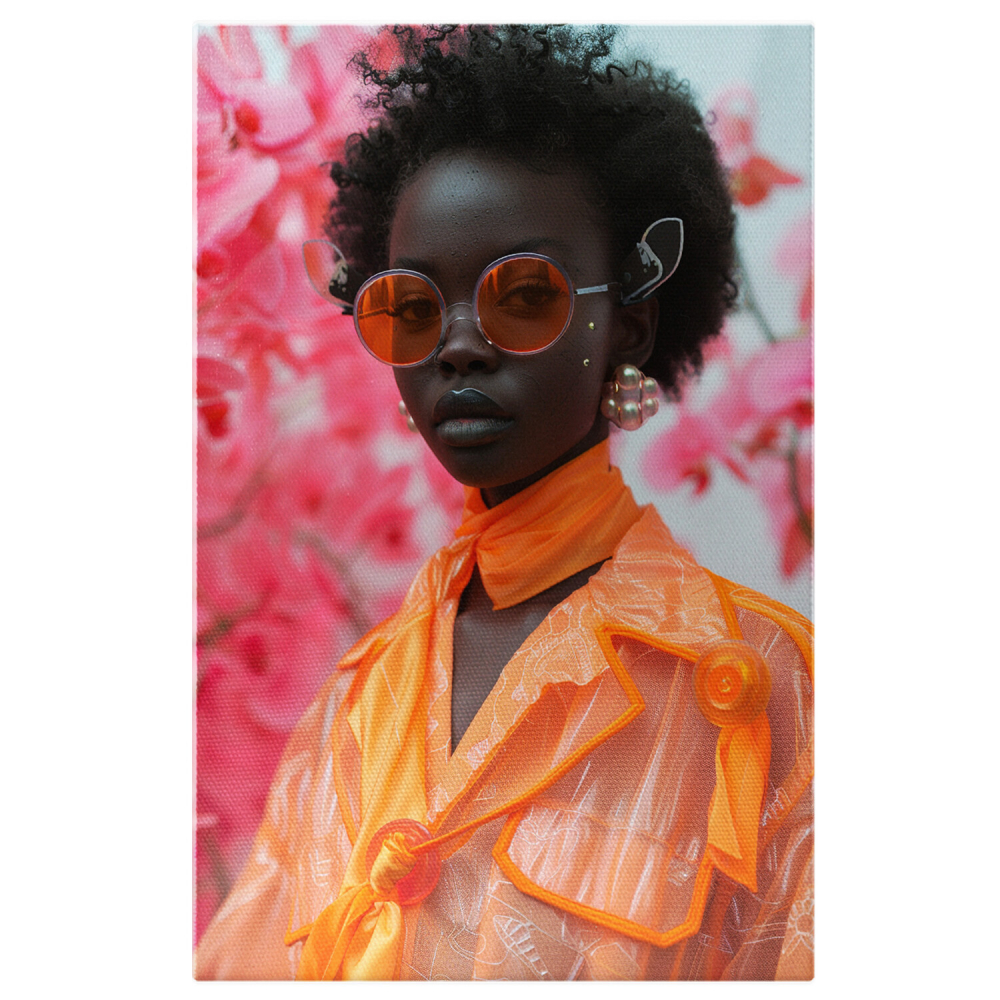 Femeie Africană în Costum Portocaliu, Păr Cret Brunet și Cercei cu Eșarfă la Gât, Marime 40x25CM [1]