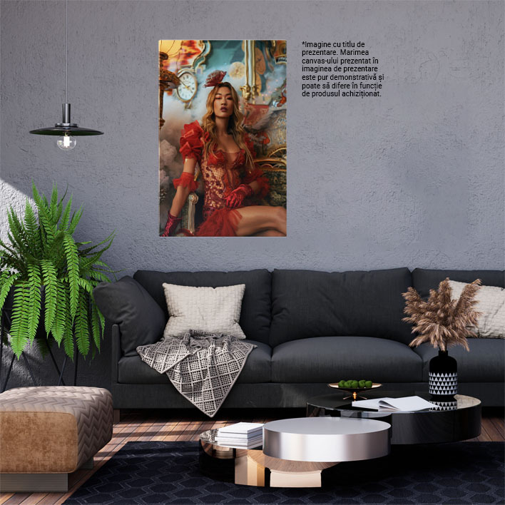 Tablou Canvas:  Femeie Blondă în Costum Roșu și Dantelă Sexy Asezată pe Scaun- Eleganță și Modă Pictura Digitala 40x25CM [2]