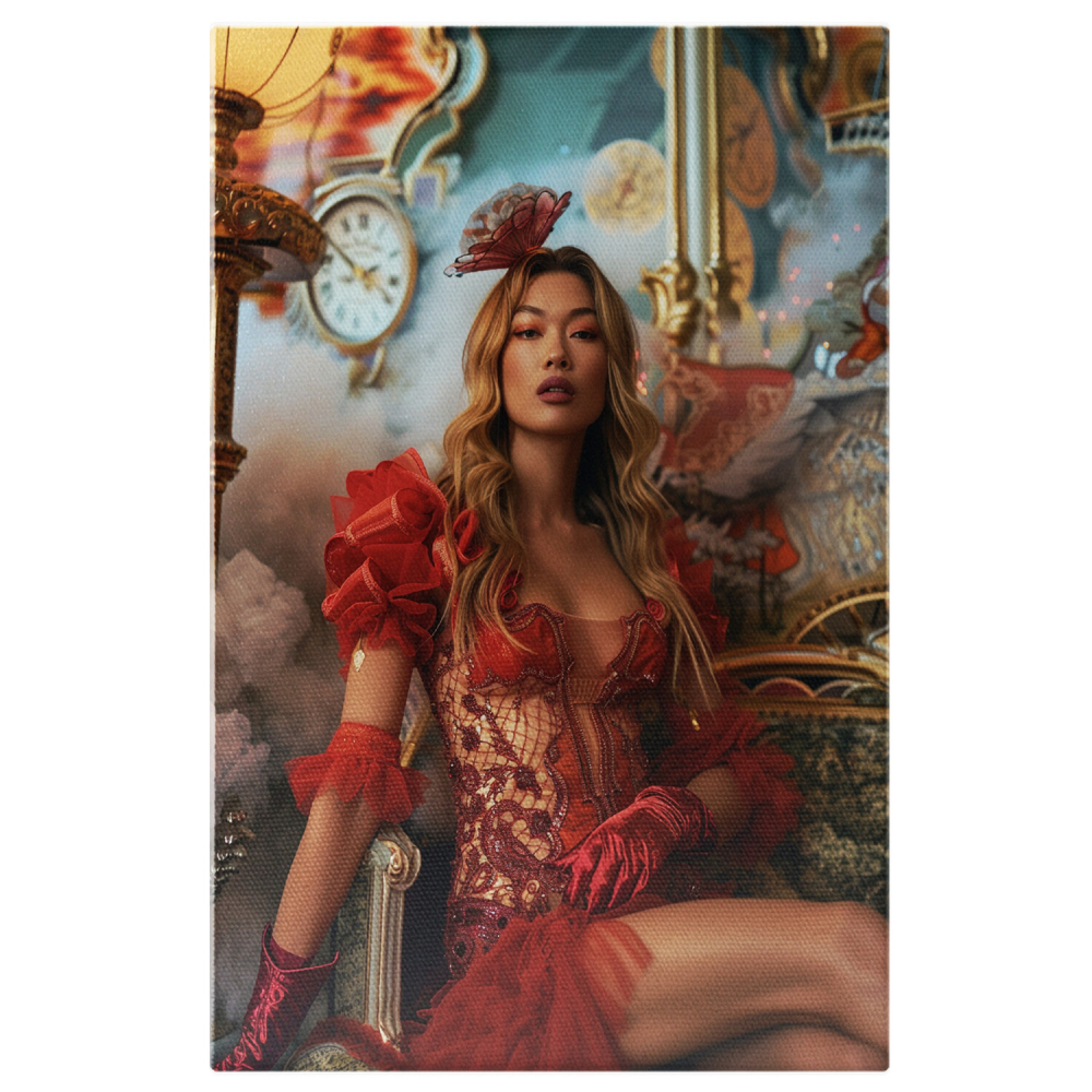 Femeie Blondă în Costum Roșu și Dantelă Sexy Așezată pe Scaun, Marime 40x25CM [1]