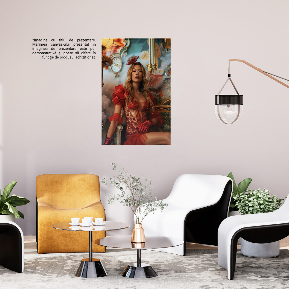 Femeie Blondă în Costum Roșu și Dantelă Sexy Așezată pe Scaun, Marime 40x25CM [3]