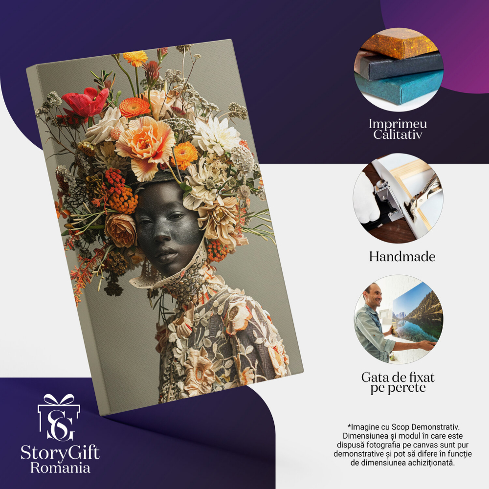 Femeie cu Capul Acoperit de Flori Colorate - Pictură Digitală cu Privire Tristă, Marime 40x25CM [2]