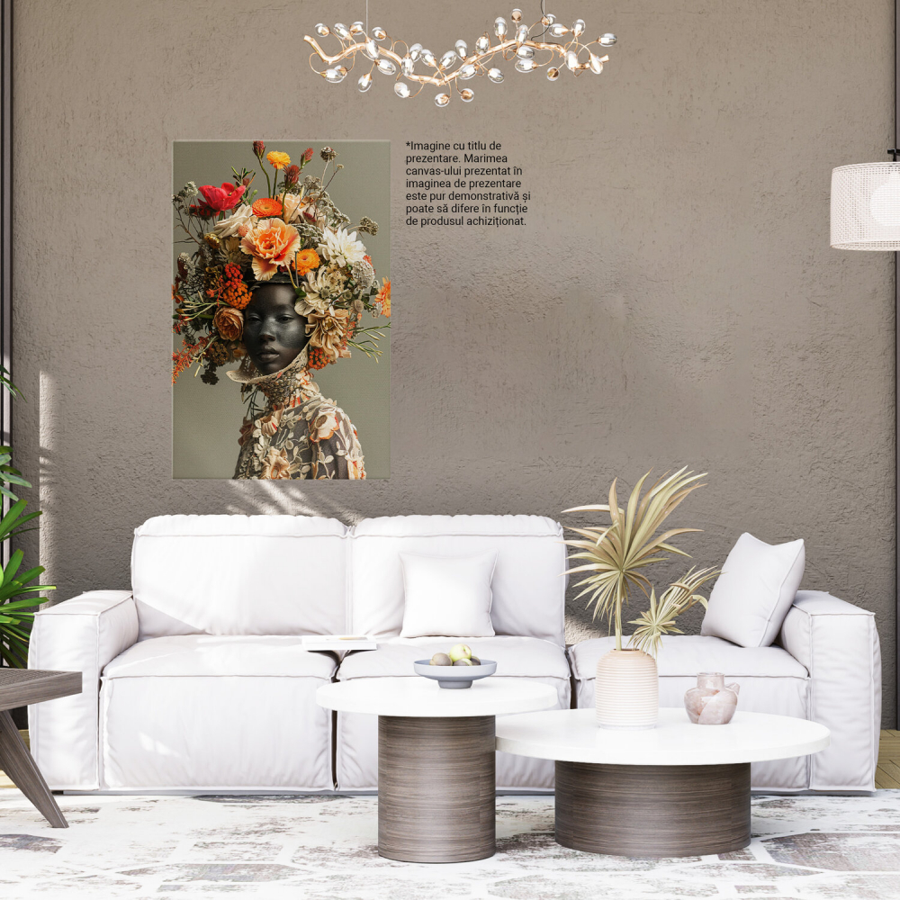 Femeie cu Capul Acoperit de Flori Colorate - Pictură Digitală cu Privire Tristă, Marime 40x25CM [4]